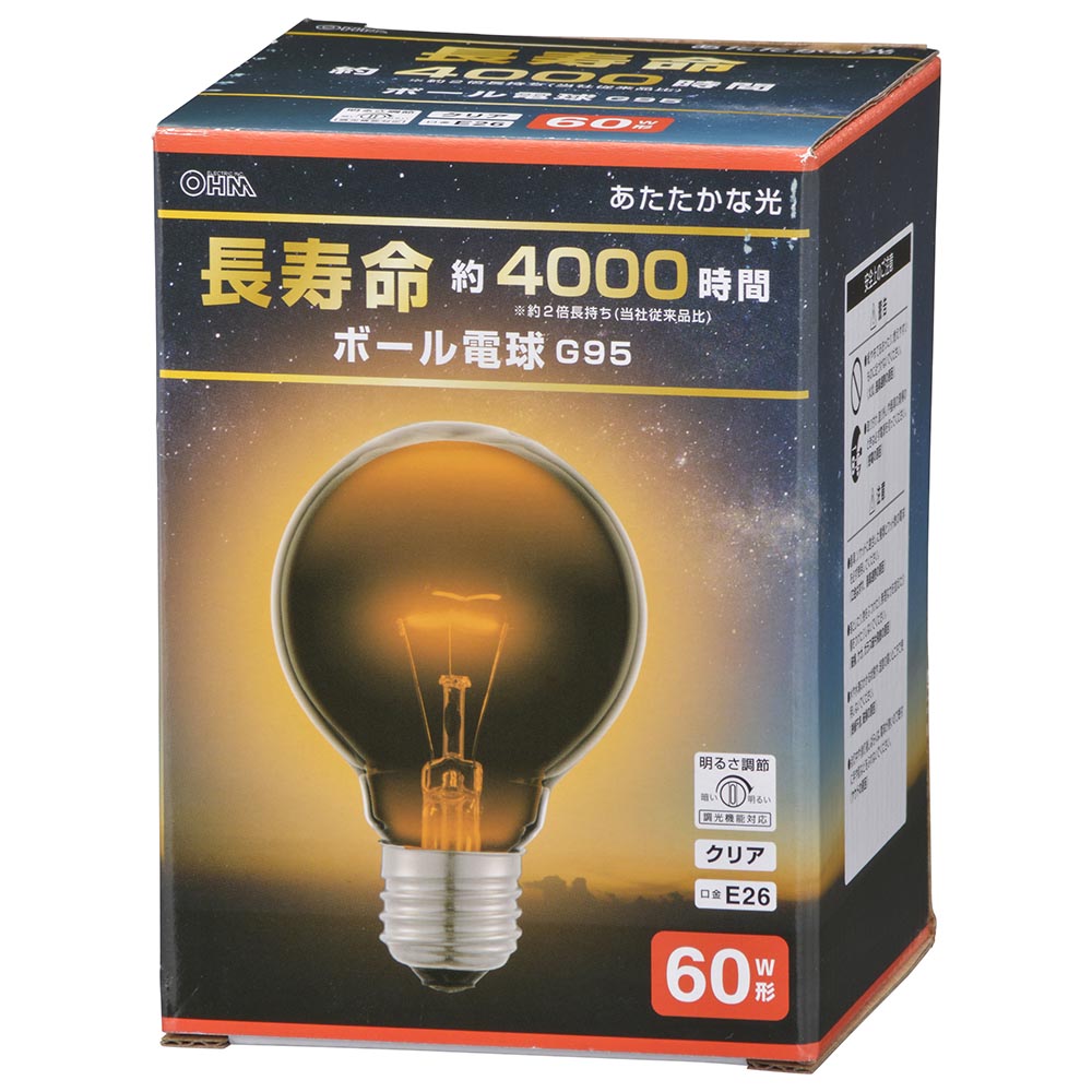 ボール球 長寿命(60W/クリア/電球色/740 lm/調光機能対応/E26/G95)_06-0863_LB-GL9660K-CN_OHM(オーム電機)